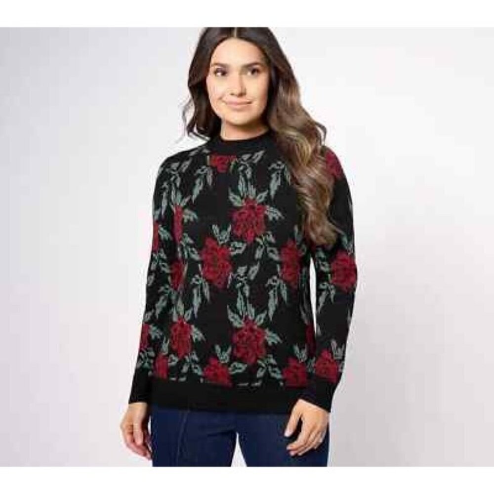 Denim & Company Woman's Jacquard Floral Mock Neck Sweater Black Red Size M NWOT